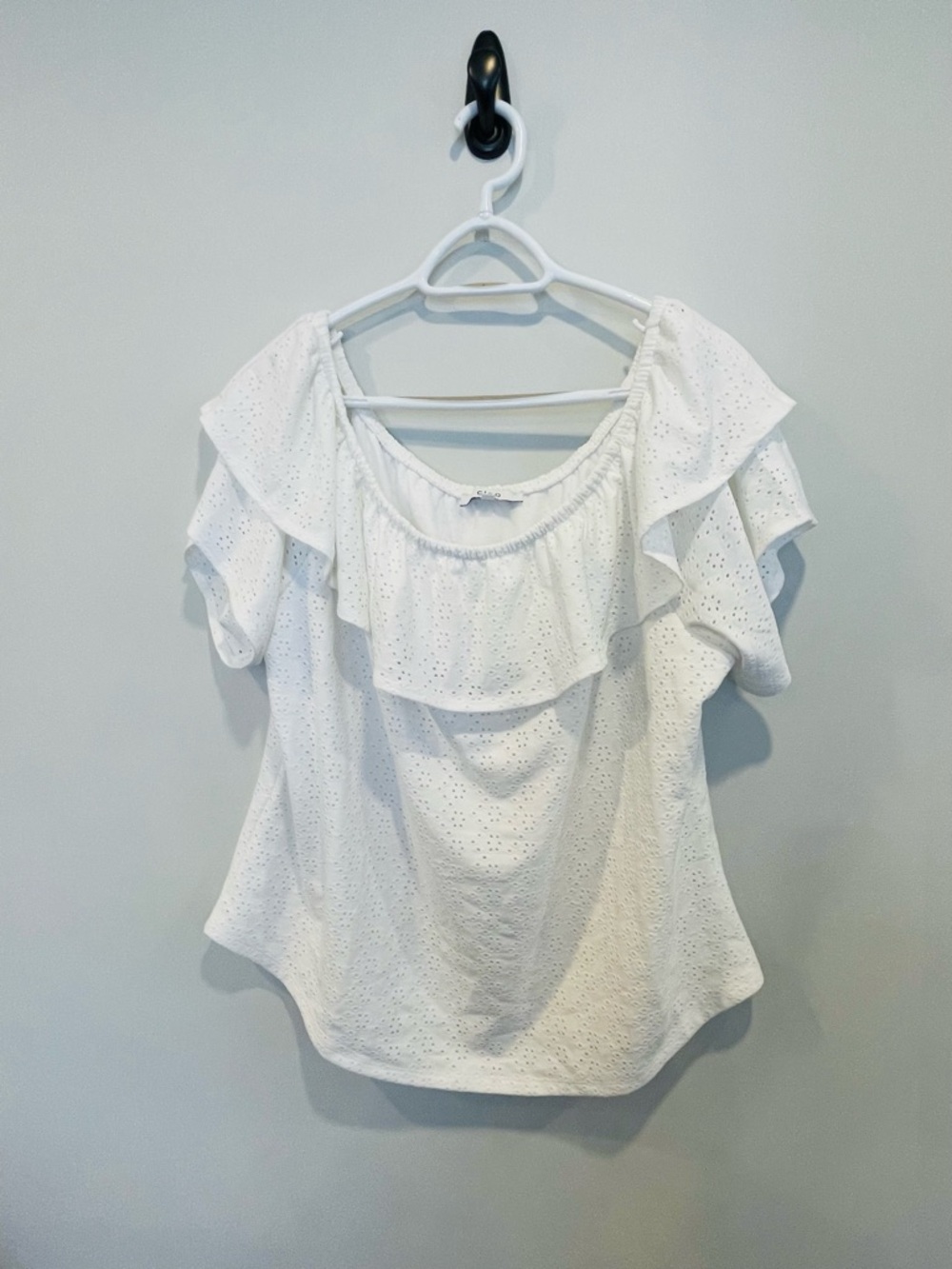 cleo White Eyelet Ruffle Off-Shoulder Blouse